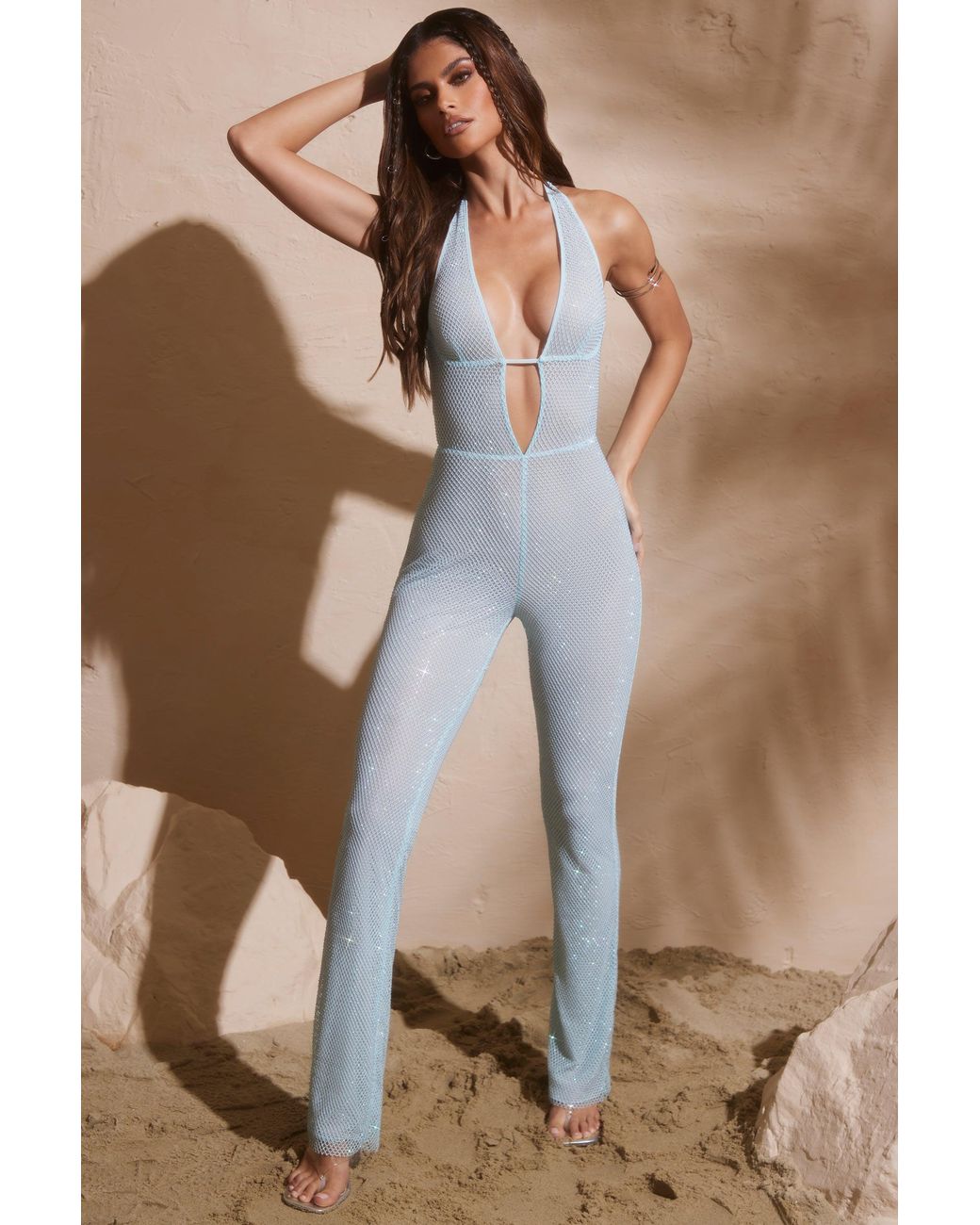 Oh Polly Blue Embellished Plunge Neck Jumpsuit