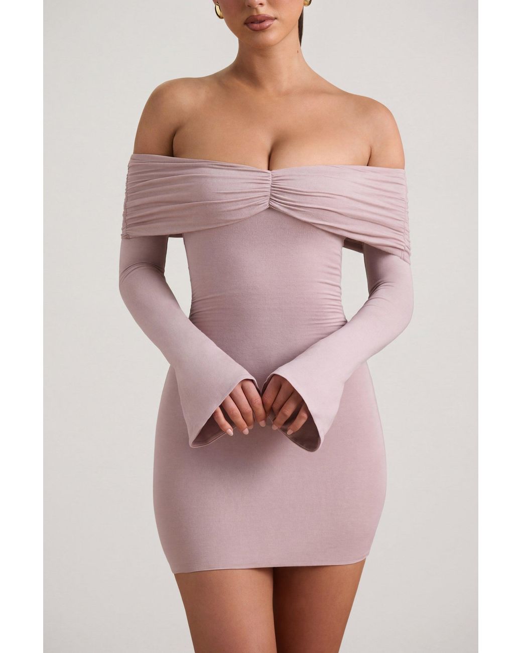 Oh Polly Natural Modal-Cashmere Blend Off-Shoulder Ruched Mini Dress