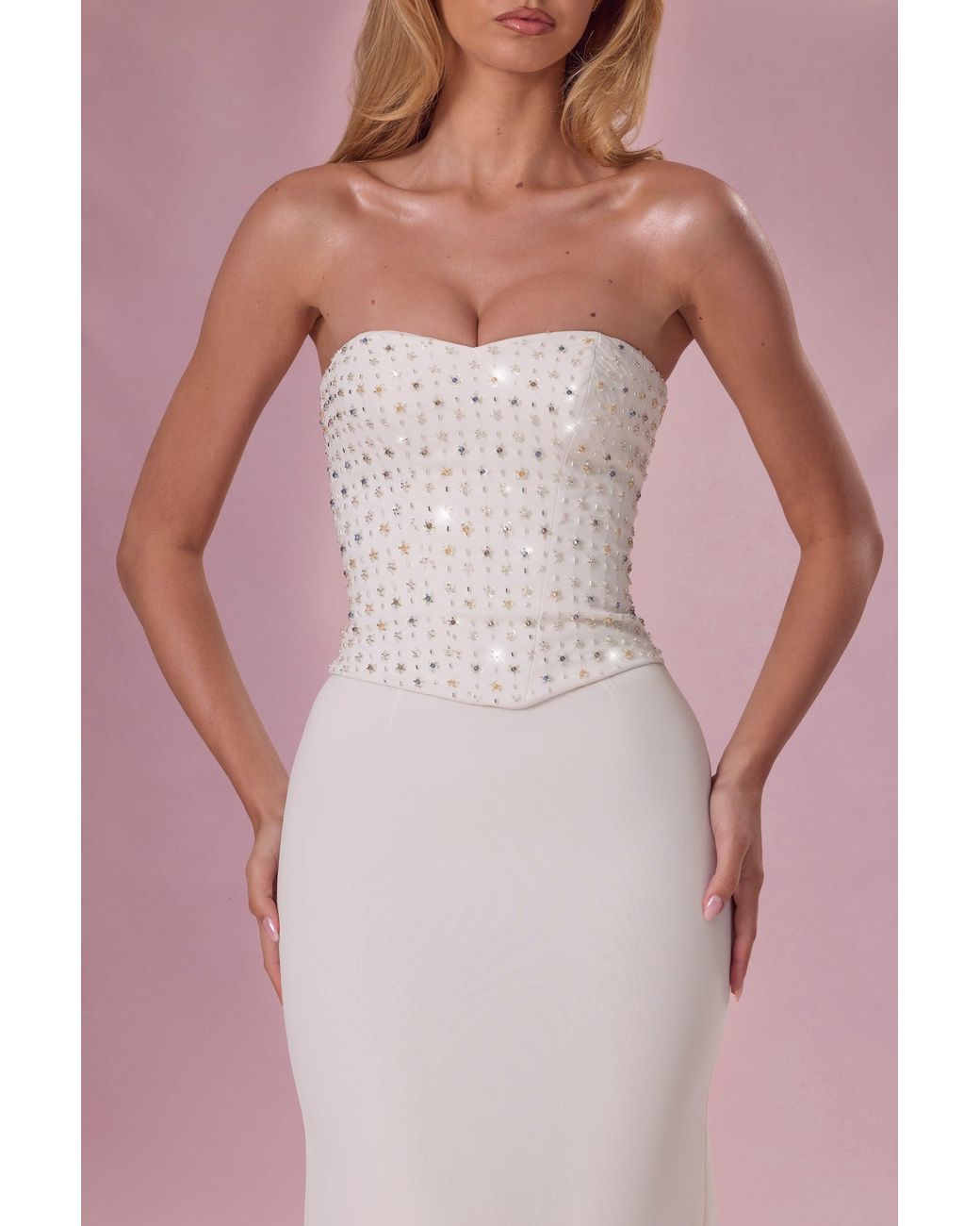 Oh Polly White Embellished Corset Strapless Gown