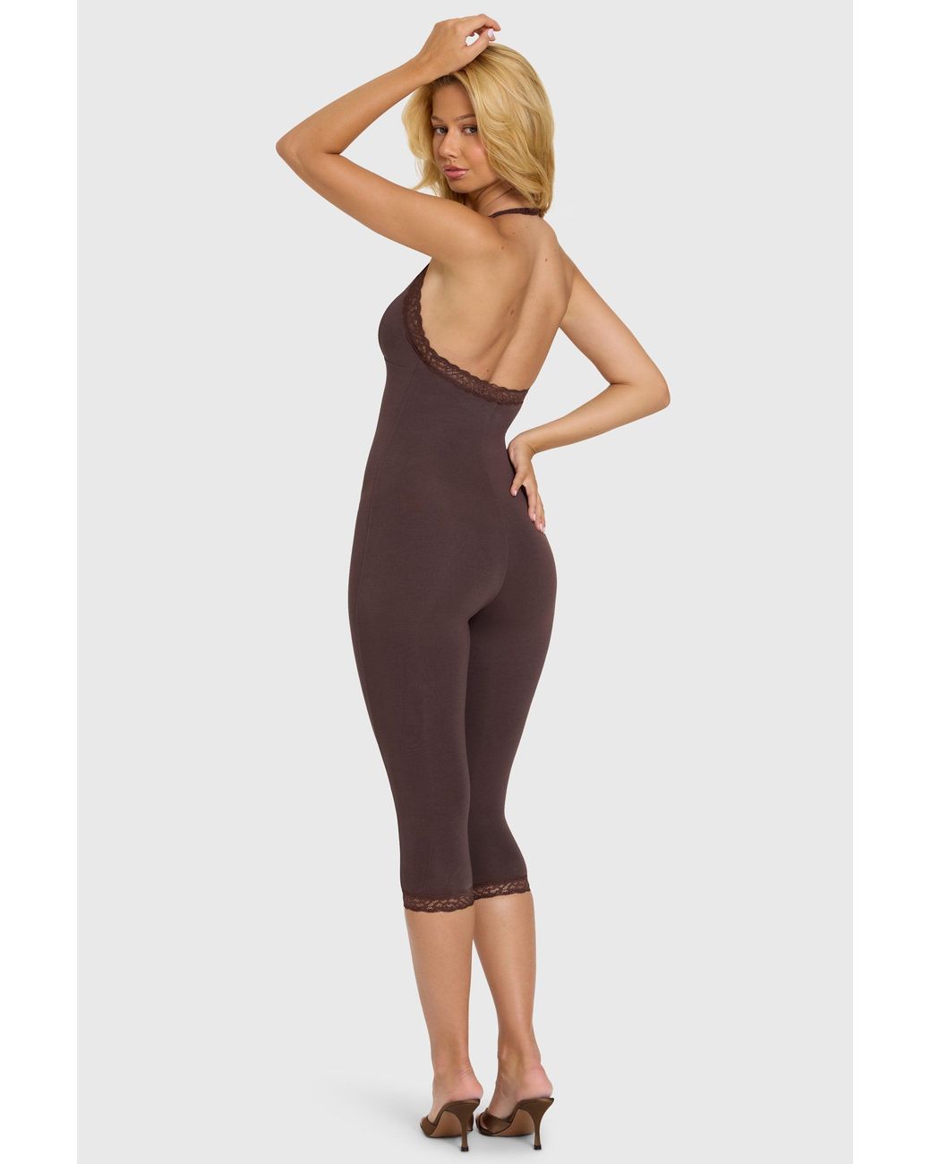 Oh Polly Brown Modal Lace-Trim Capri Jumpsuit