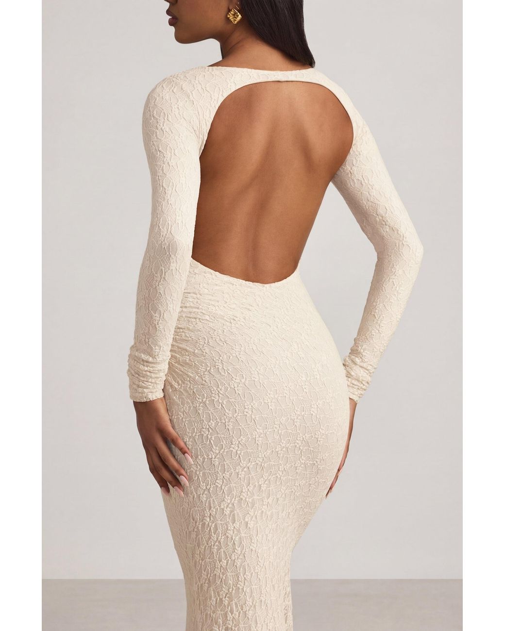 Oh Polly White Ruched Backless Lace Maxi Dress