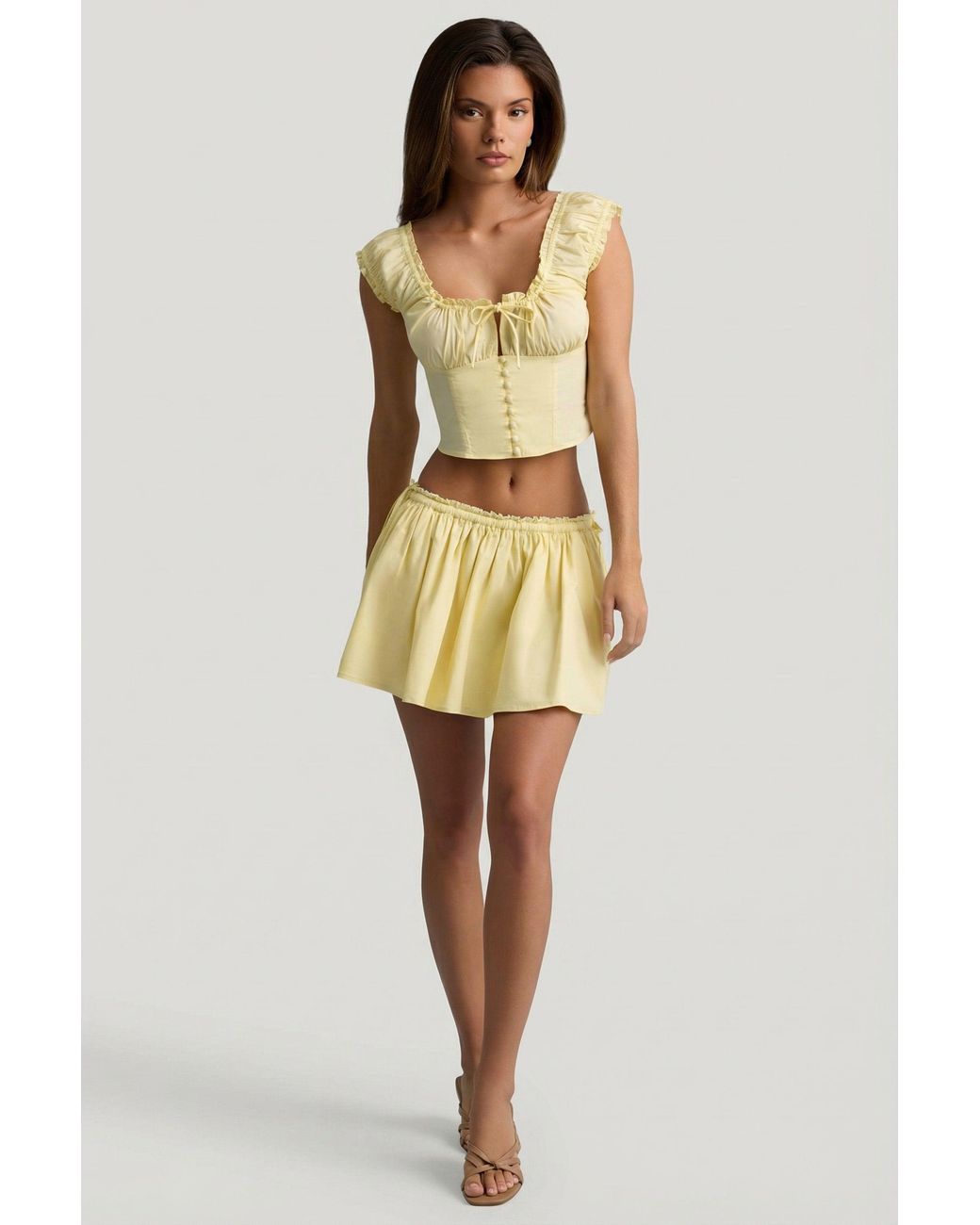 Oh Polly Yellow Ruched Cotton-Poplin Mini Skirt