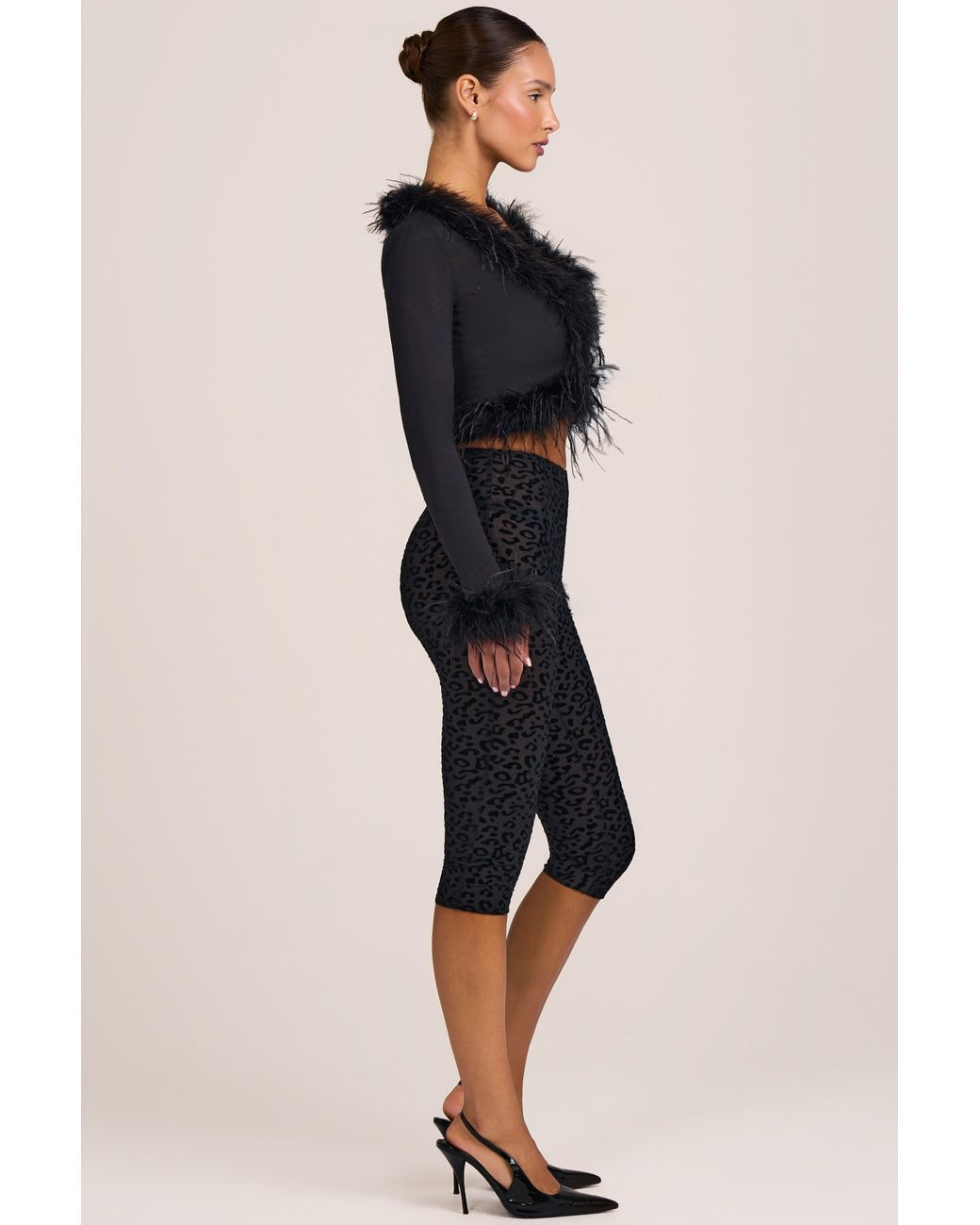 Oh Polly Black Flocked Leopard Mesh Capri Trousers
