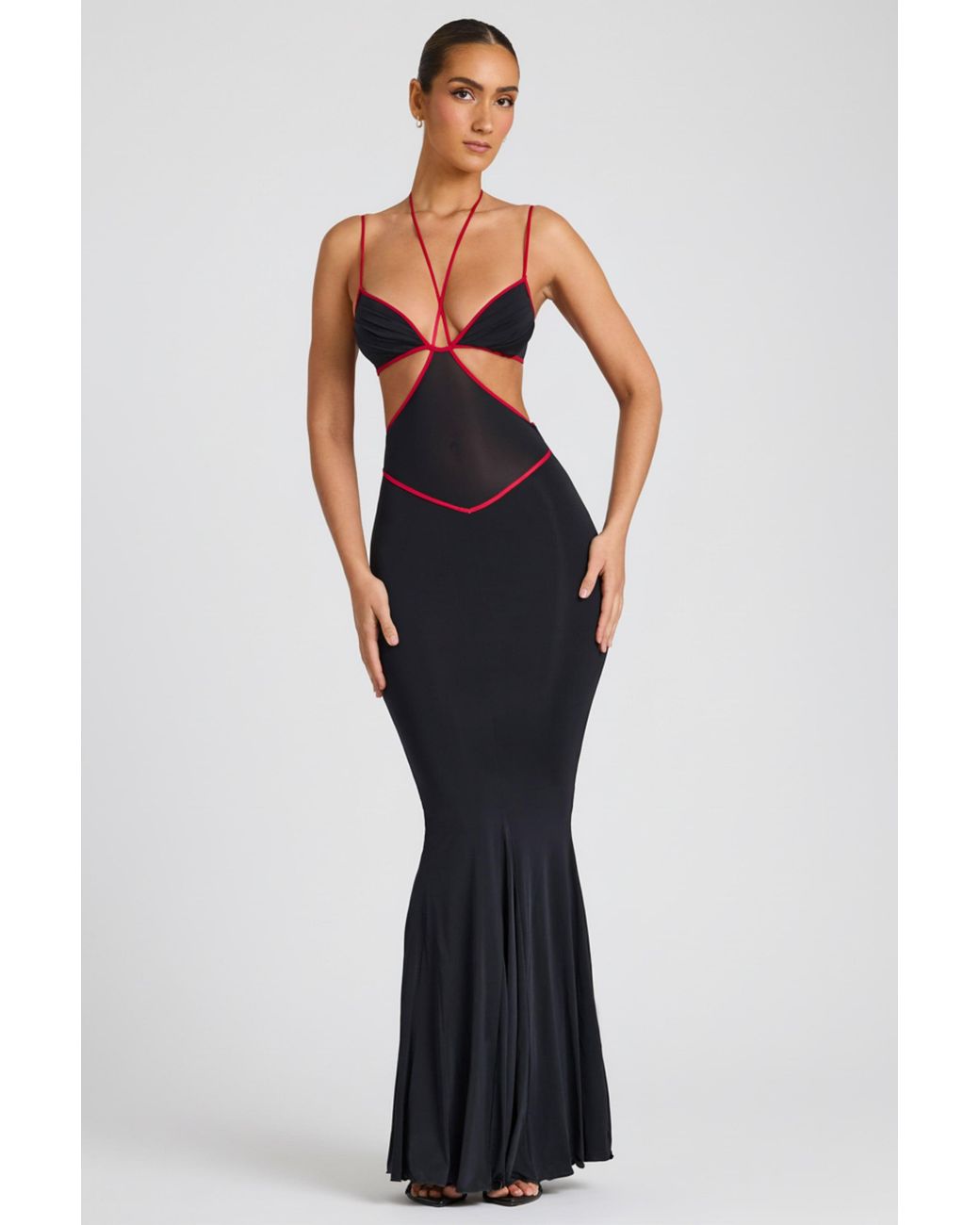 Oh Polly Black Contrast Binding Cut Out Evening Gown
