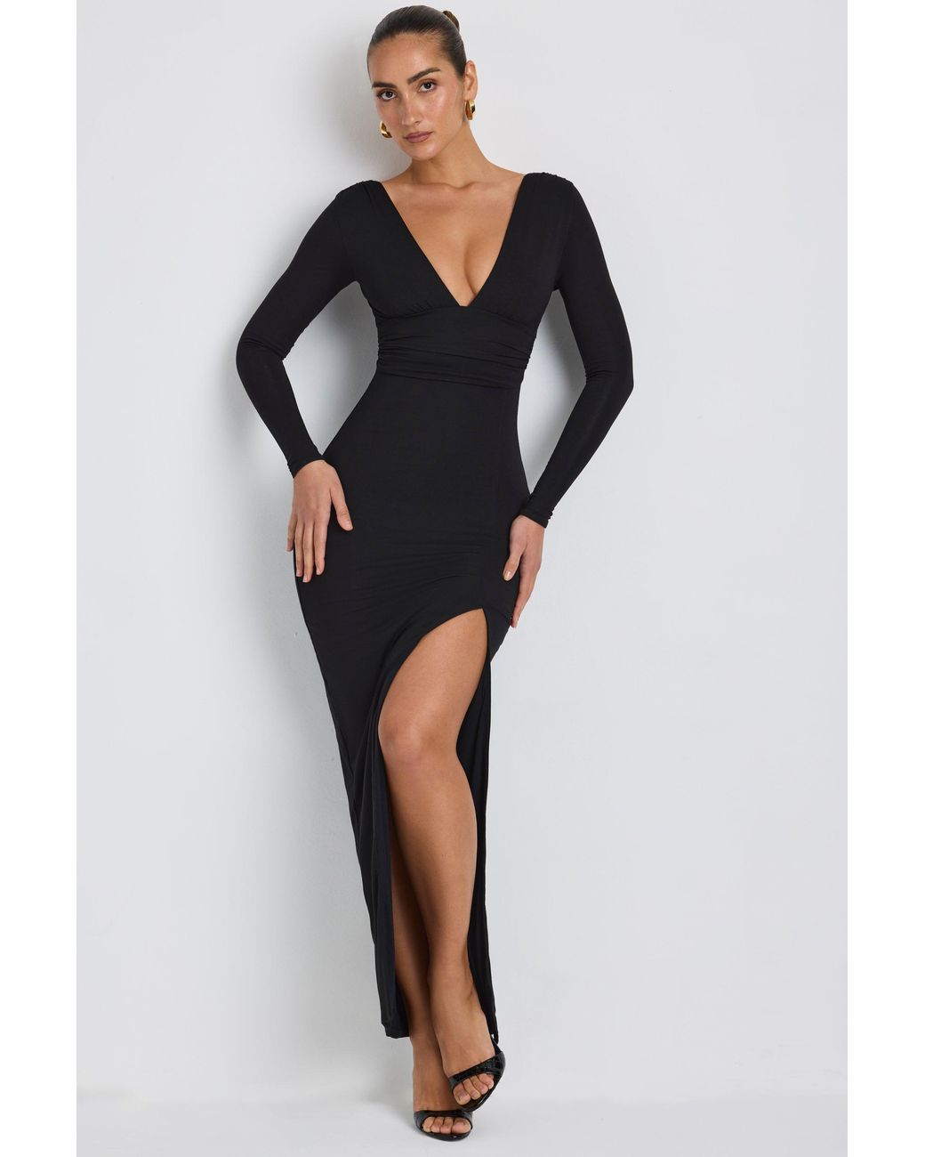 Oh Polly Black Modal Plunge Neck Long Sleeve Maxi Dress