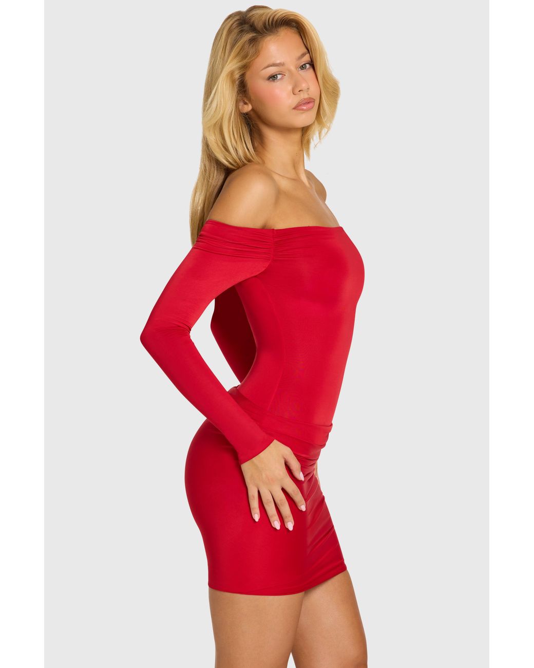 Oh Polly Red Off-Shoulder Long-Sleeve Mini Dress