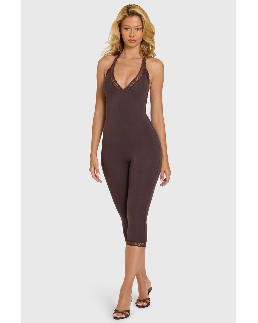 Oh Polly Brown Modal Lace-Trim Capri Jumpsuit