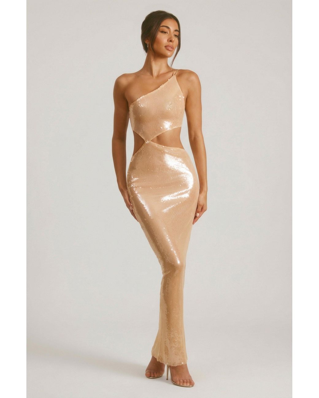 Oh Polly Natural Sheer Sequin One Shoulder Cut Out Maxi Dress