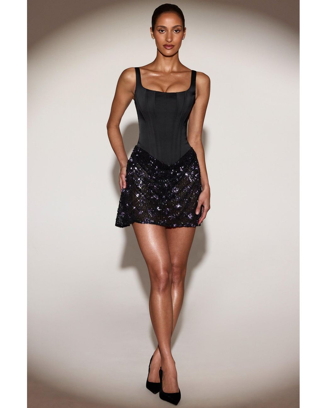 Oh Polly Black Satin Corset Embellished Skirt Mini Dress