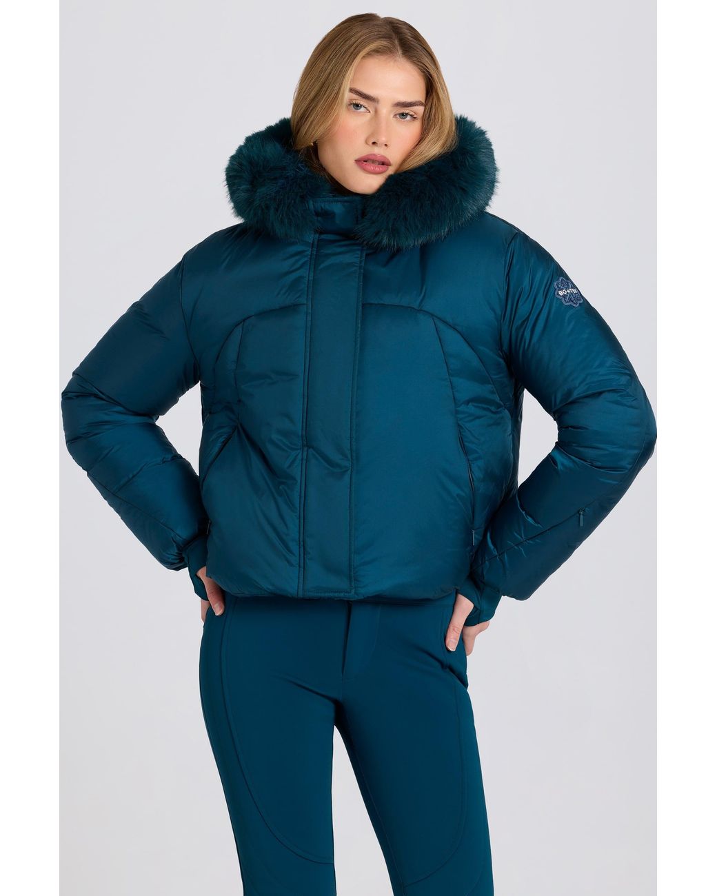 BO+TEE Blue Waterproof Faux-Fur Hood Cropped Ski Jacket