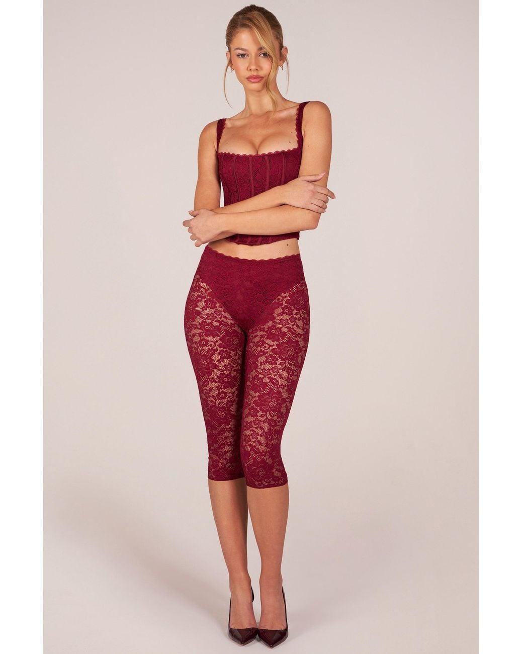 Oh Polly Red Laced Capri Trousers