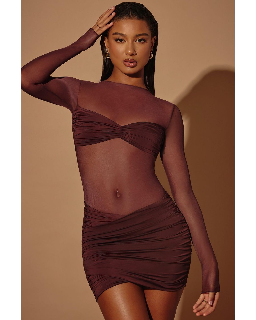 Oh Polly Brown Sheer Panelled Long Sleeve Mini Dress