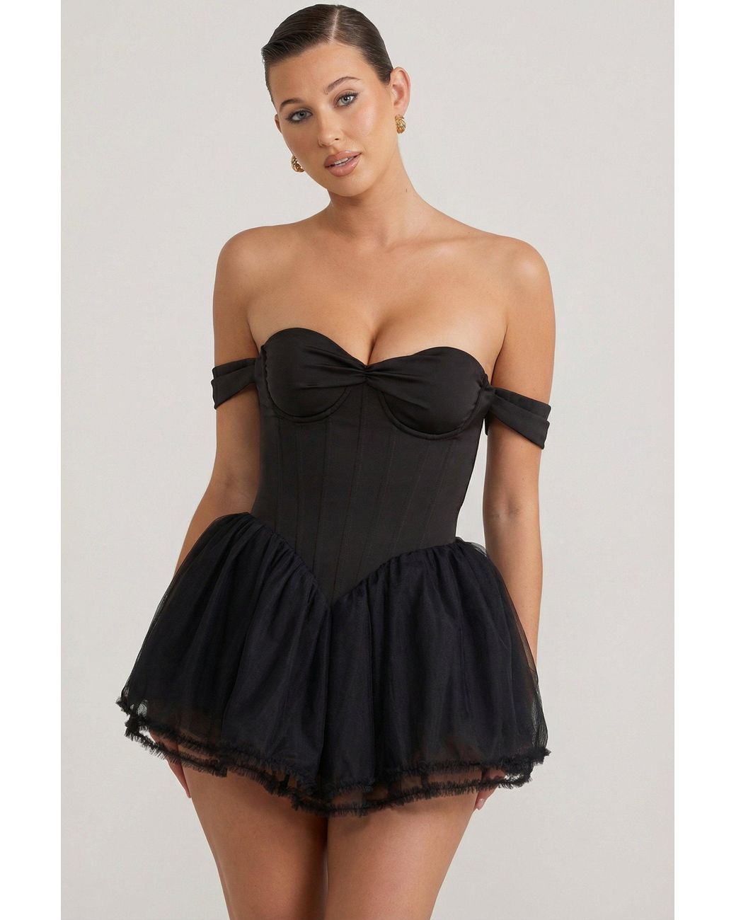 Oh Polly Black Off-Shoulder Layered Corset Micro Mini Dress