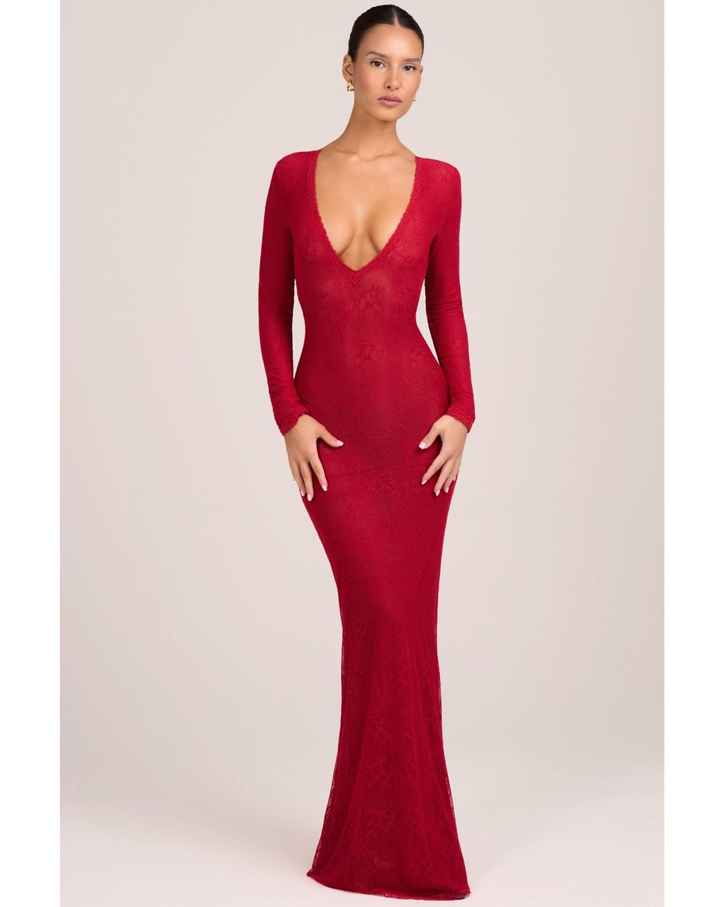 Oh Polly Red Lace Long-Sleeve Maxi Dress