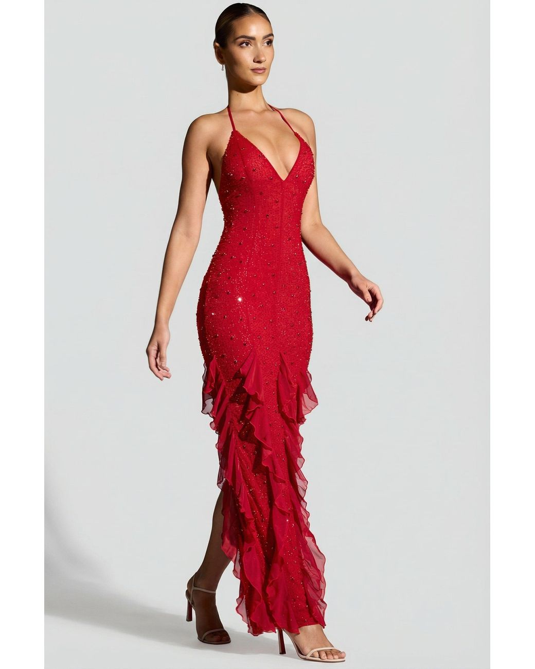 Oh Polly Red Embellished Halter Neck Ruffle Maxi Dress