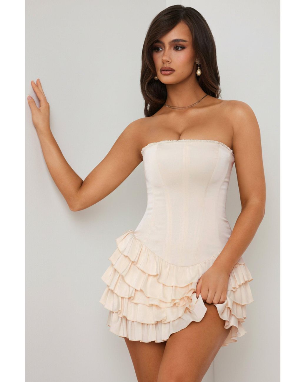 Oh Polly White Bandeau Ruffled Tiered Corset Mini Dress