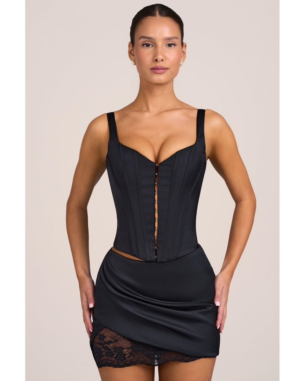 Oh Polly Black Satin Mid-Rise Mini Skirt