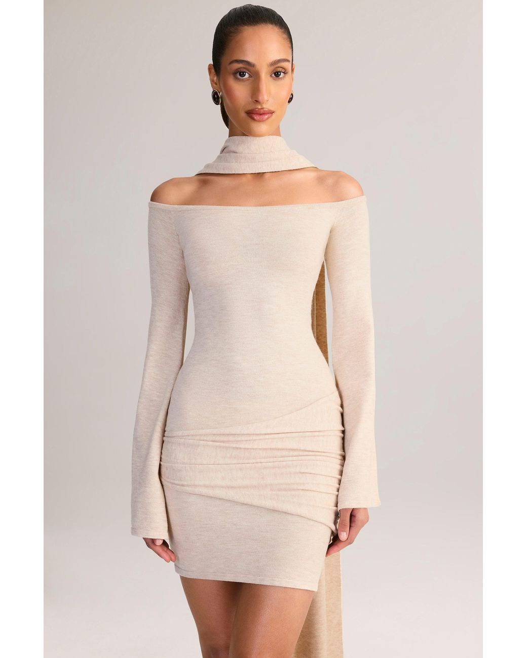 Oh Polly White Knit Scarf-Detail Off-Shoulder Mini Dress