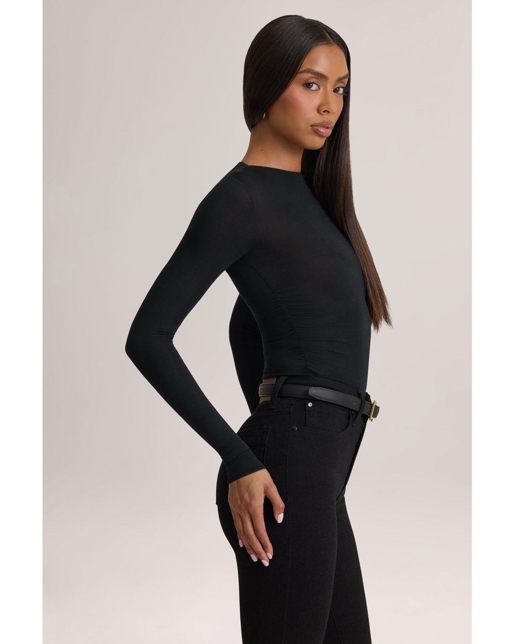 Oh Polly Black Modal Ruched Long-Sleeve Top