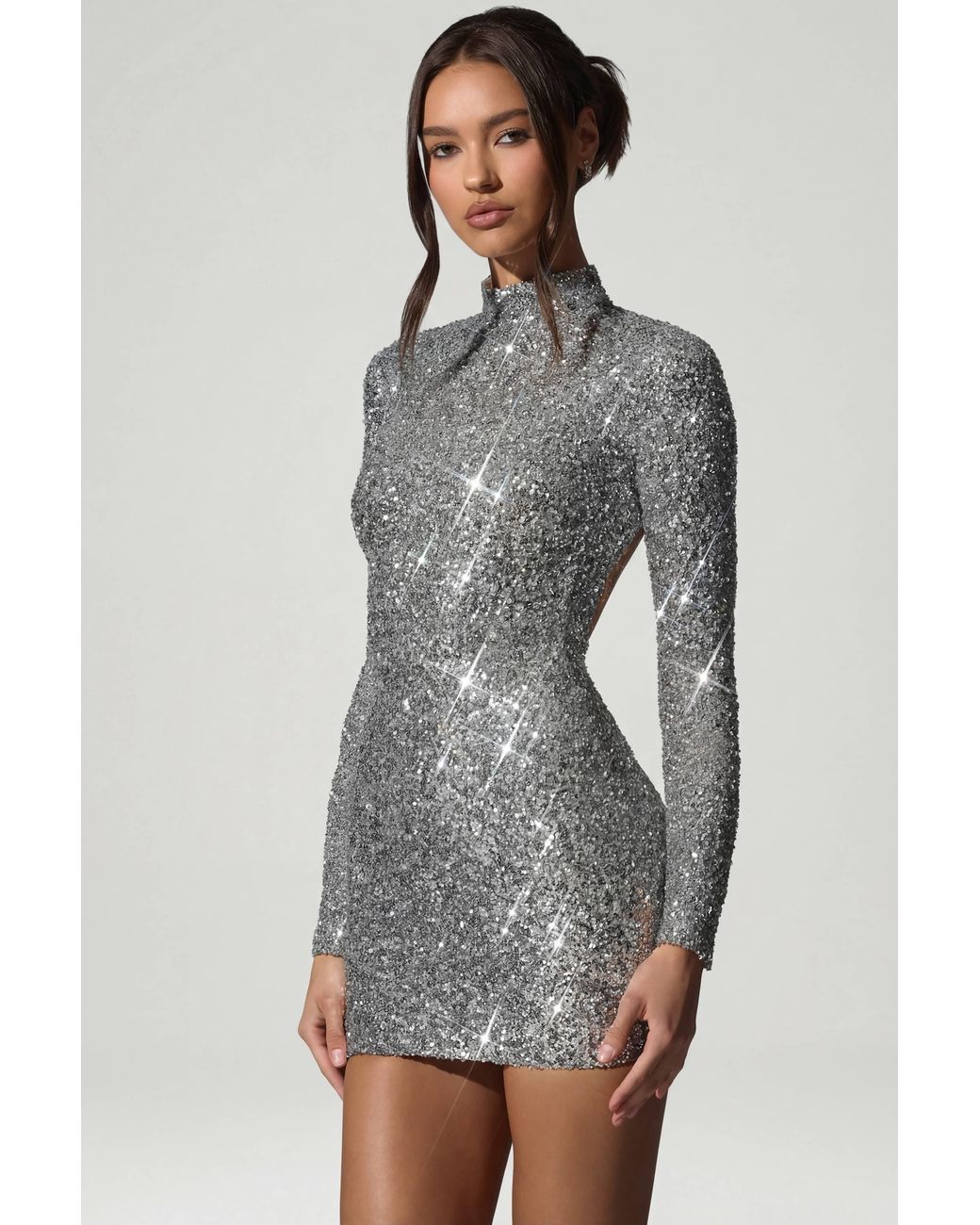 Oh Polly Metallic Embellished Open-Back Mini Dress