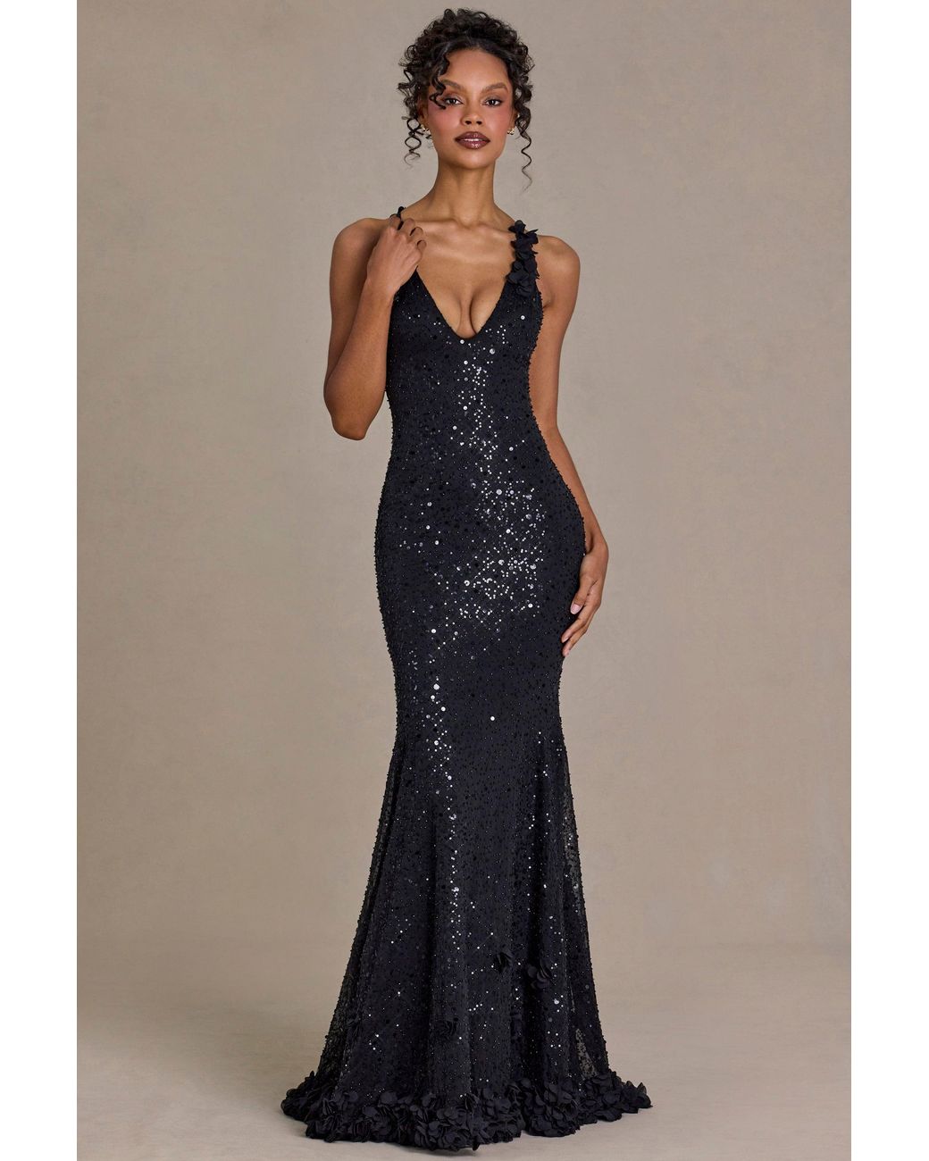 Oh Polly Black Embellished Plunge Open-Back Gown