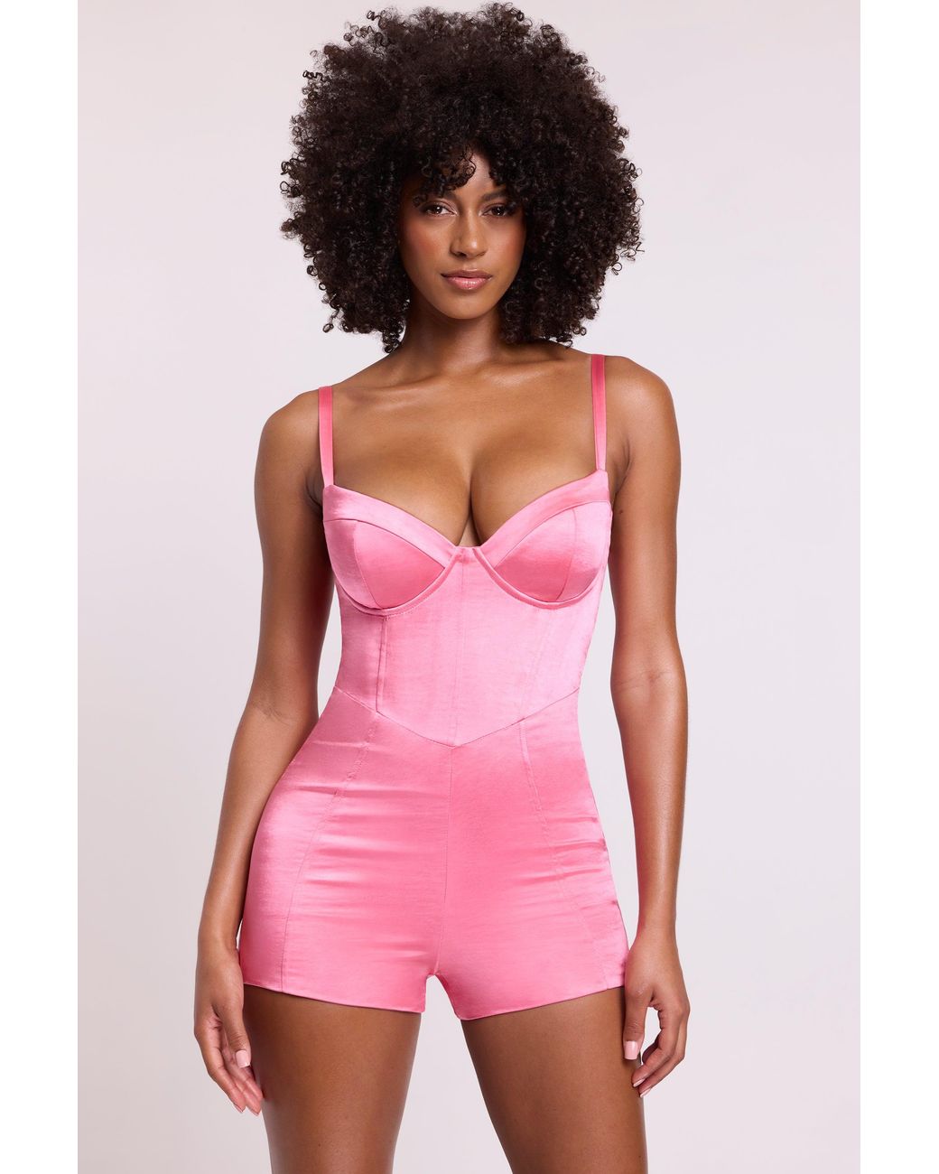 Oh Polly Pink Satin Corset Mini Playsuit