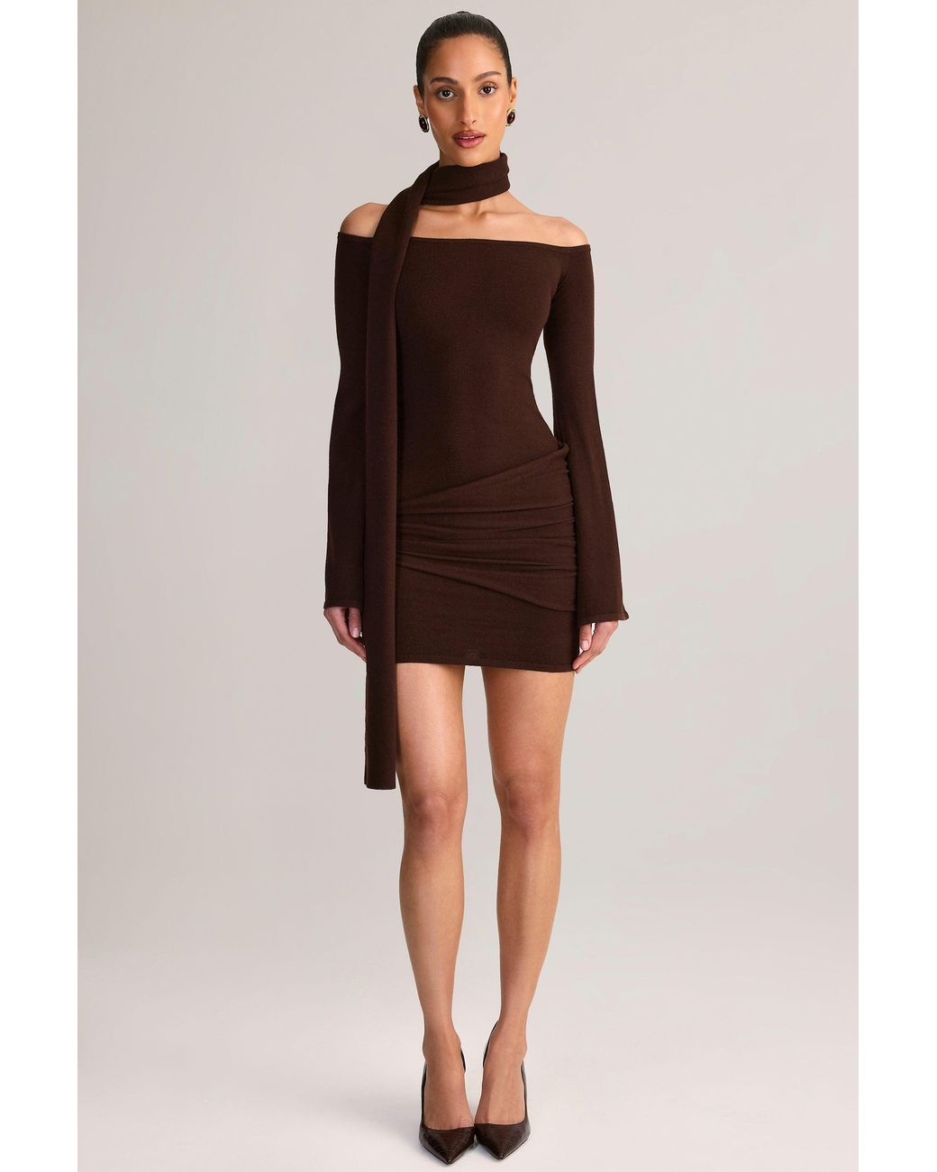 Oh Polly Brown Knit Scarf-Detail Off-Shoulder Mini Dress