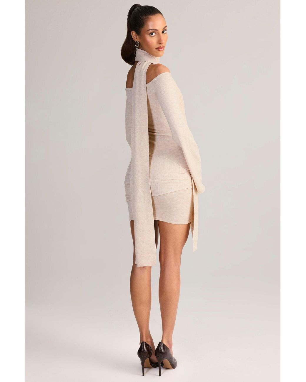 Oh Polly White Knit Scarf-Detail Off-Shoulder Mini Dress