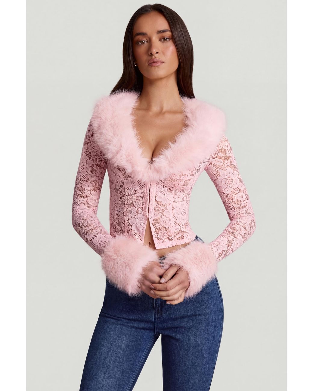 Oh Polly Pink Sheer Lace Faux-Fur-Trim Cardigan