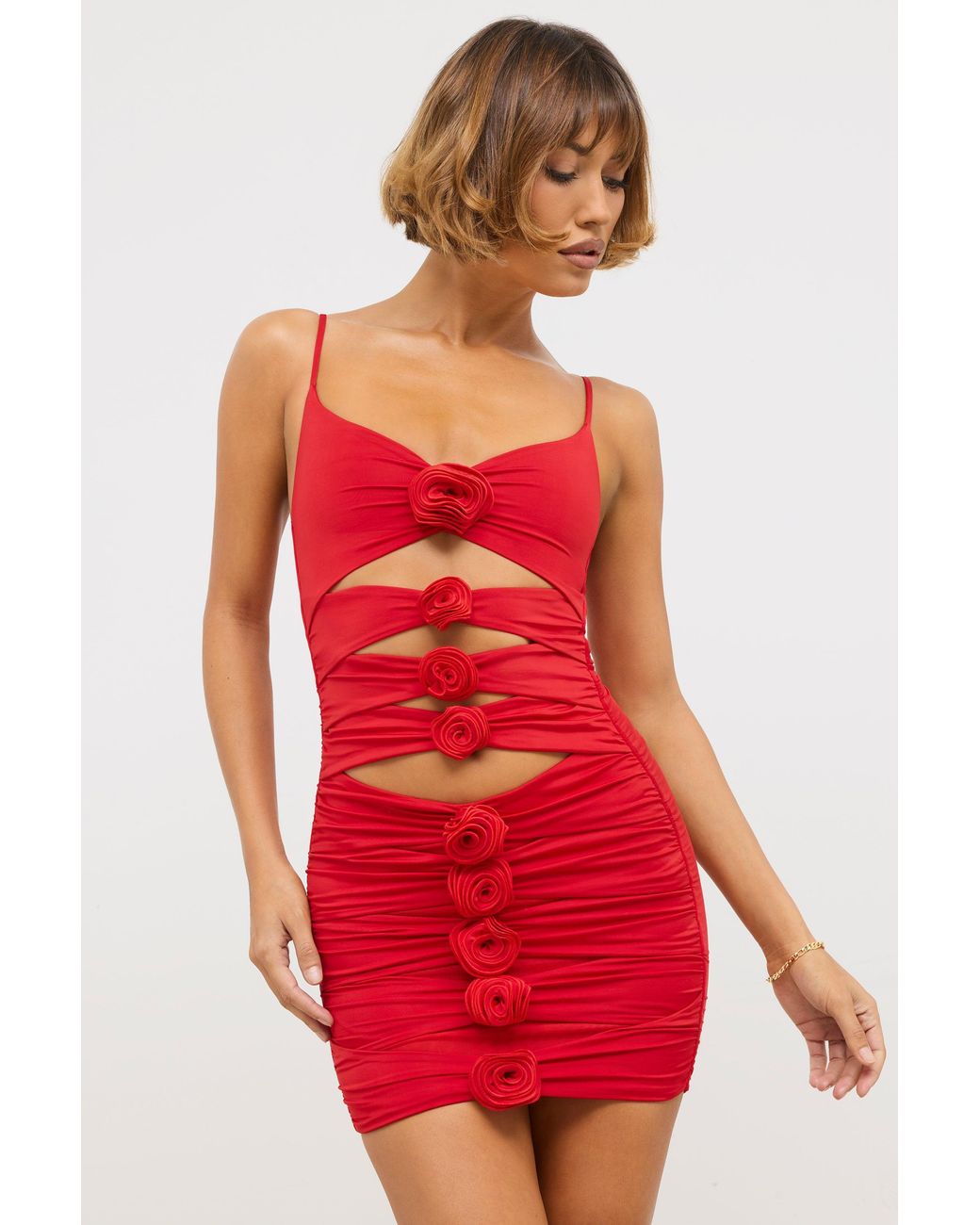 Oh Polly Red Slinky Jersey Rose Detail Cut Out Mini Dress