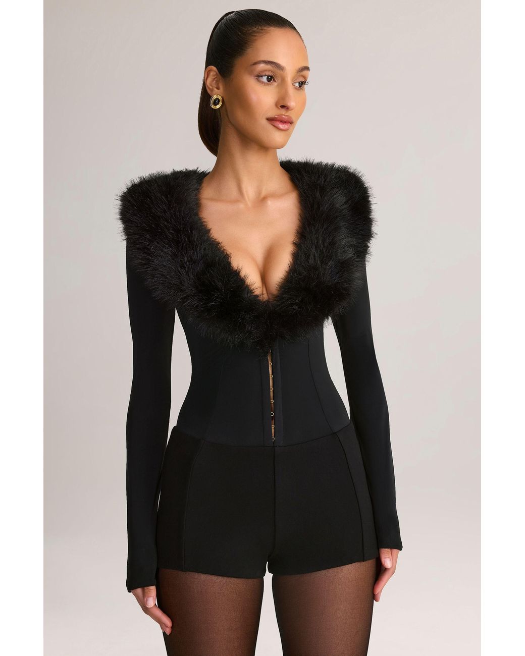 Oh Polly Black Faux Fur-Trim Corset Playsuit