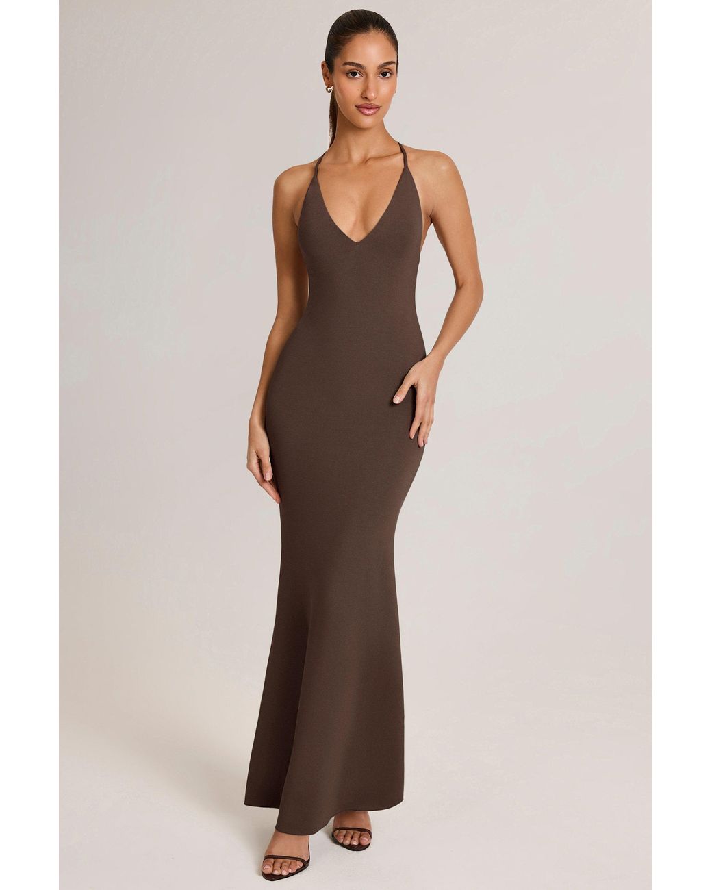Oh Polly Brown Modal Plunge Backless Maxi Dress