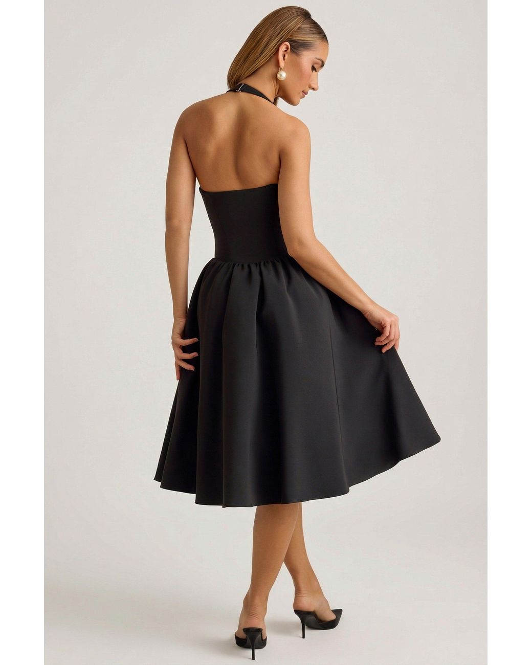 Oh Polly Black Halterneck Bow-Detail Midi Dress