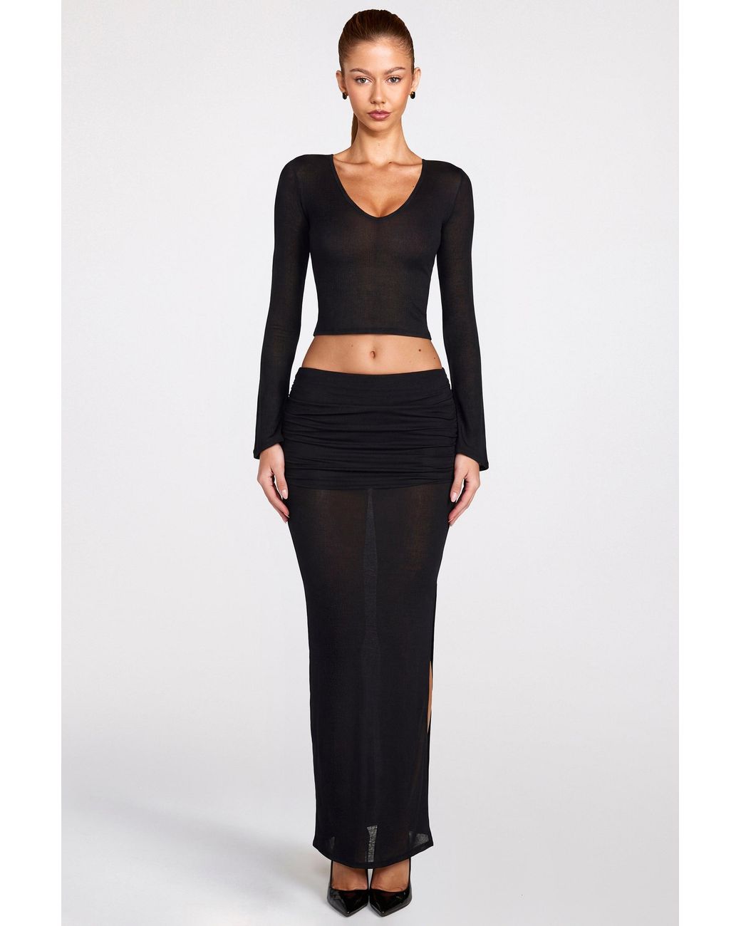 Oh Polly Black Sheer Jersey Low-Rise Draped Maxi Skirt