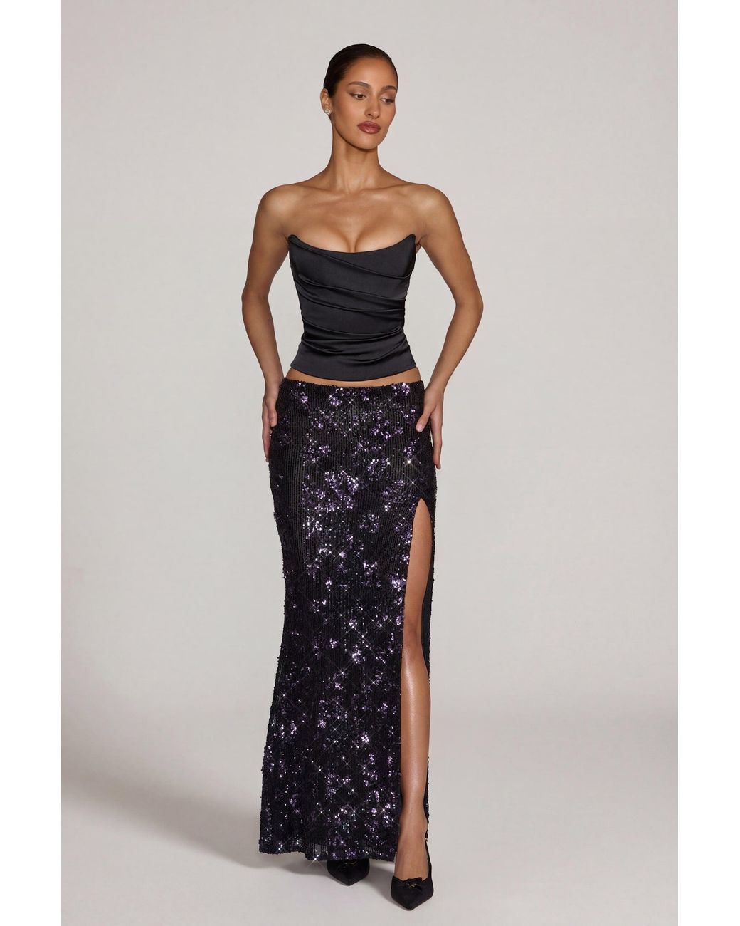 Oh Polly Black Embellished Mid-Rise Thigh-Split Maxi Skirt
