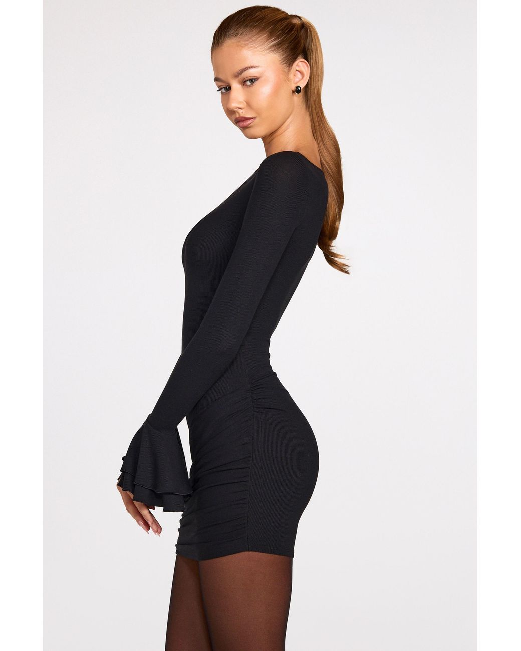 Oh Polly Black Ribbed Modal Long-Sleeve Draped Mini Dress