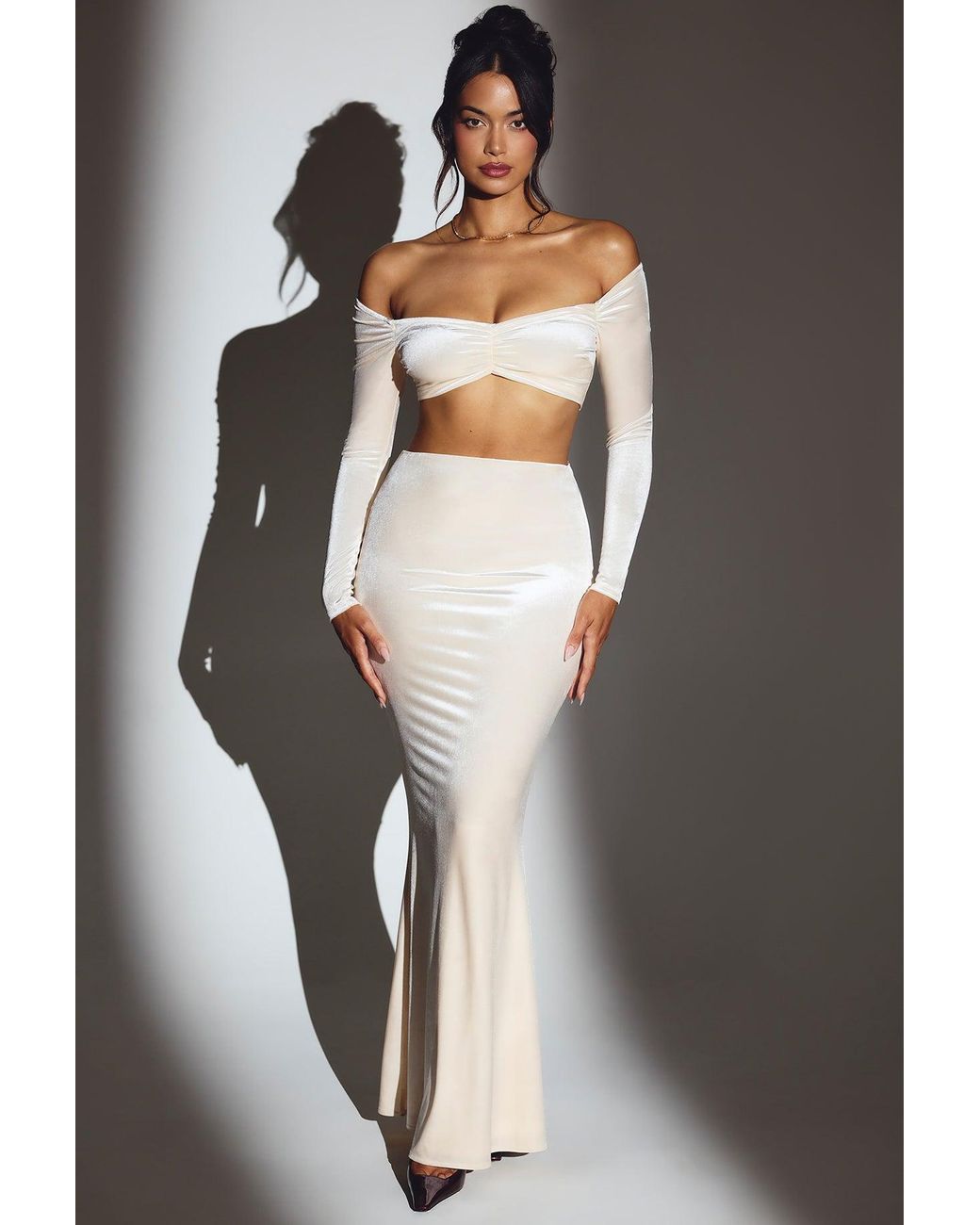 Oh Polly White Velvet Off-Shoulder Ruched Crop Top