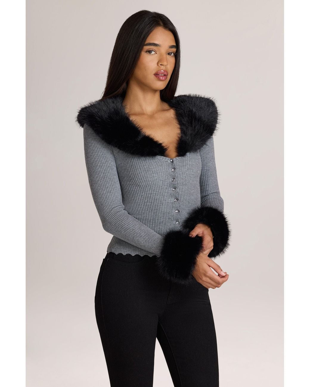 Oh Polly Gray Knit Faux-Fur-Trim Cardigan