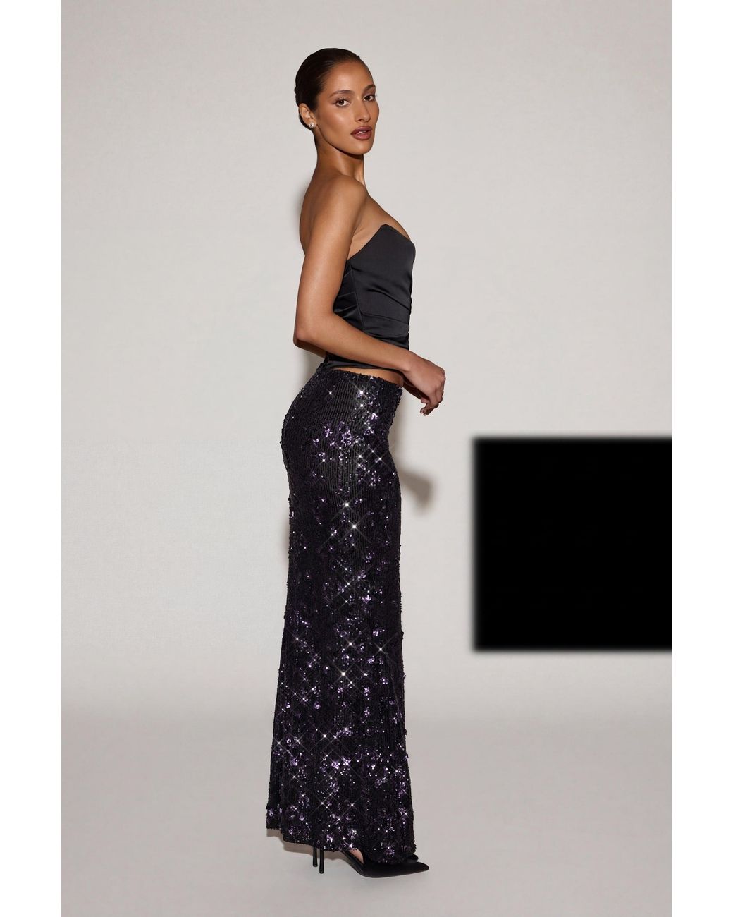 Oh Polly Black Embellished Mid-Rise Thigh-Split Maxi Skirt