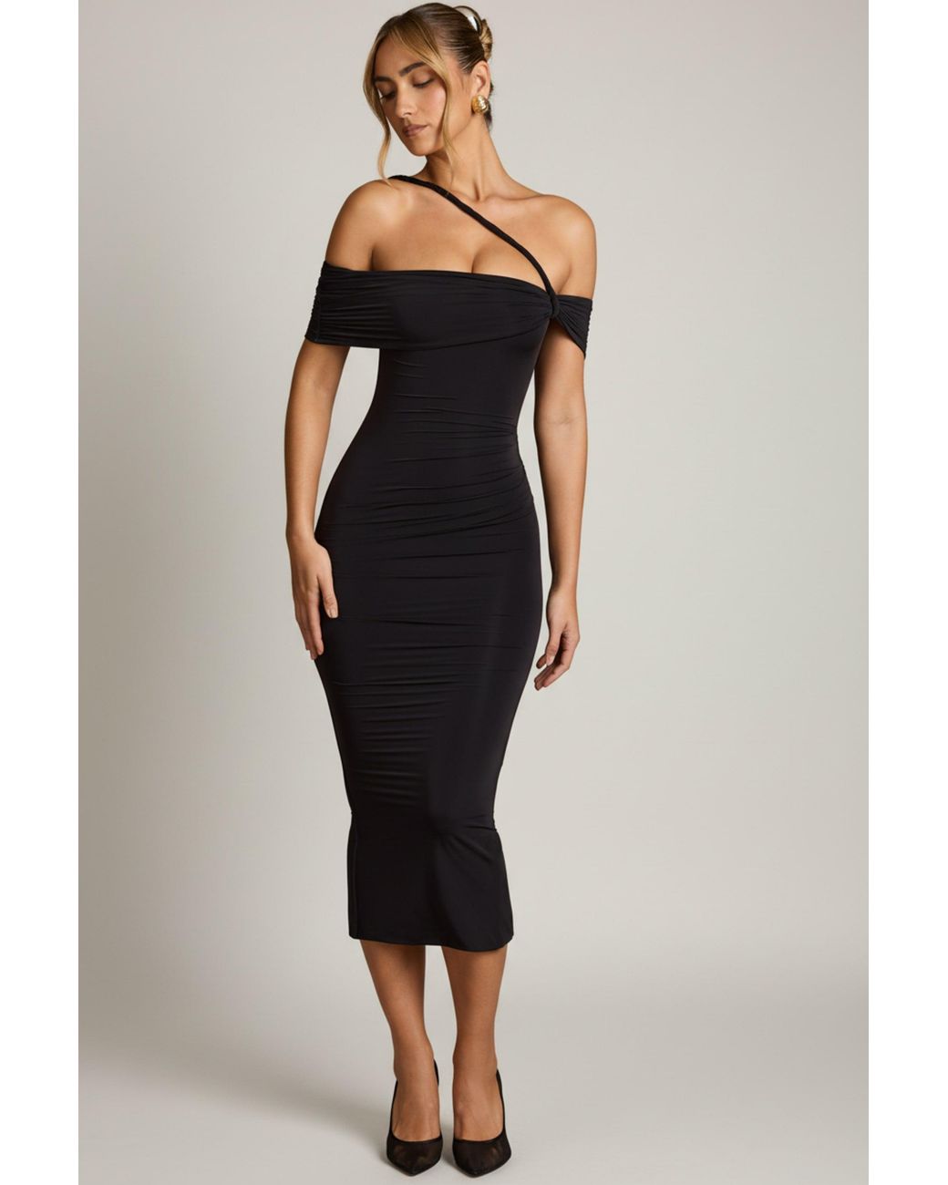 Oh Polly Black Off-Shoulder Draped Midaxi Dress