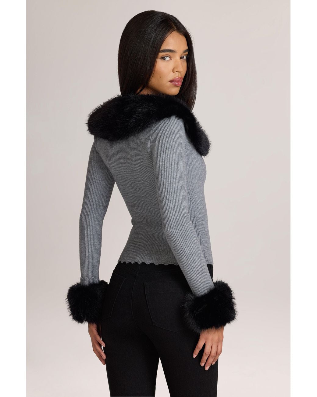 Oh Polly Gray Knit Faux-Fur-Trim Cardigan