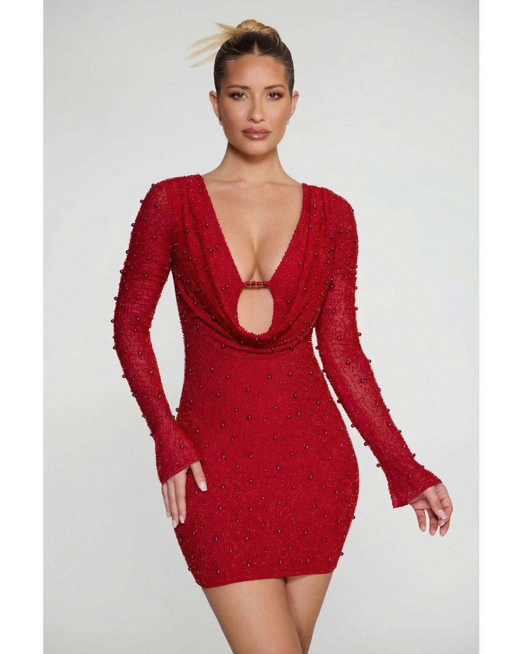 Oh Polly Red Long Sleeve Deep Plunge Mini Dress