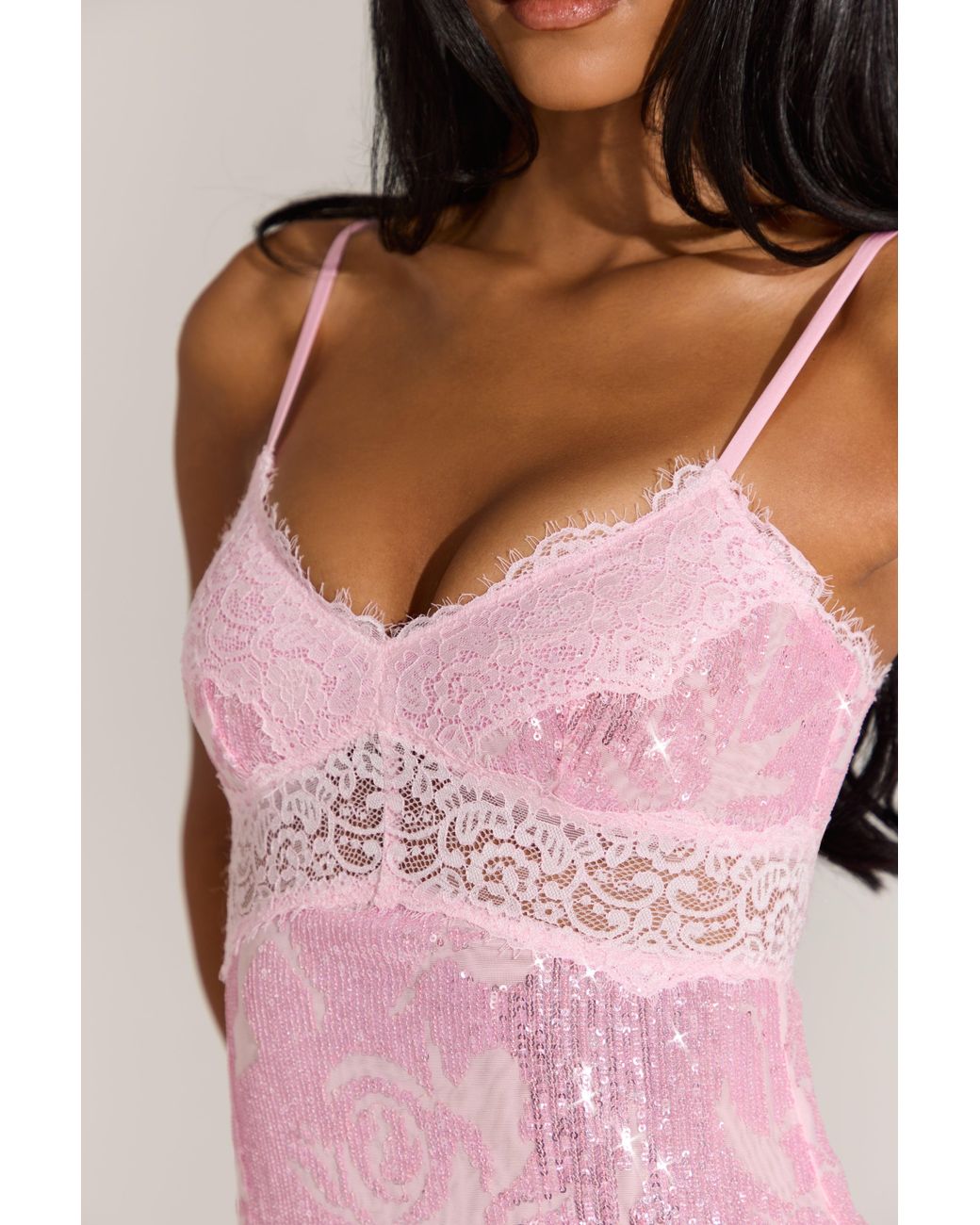 Oh Polly Pink Embellished Lace-Trim Mini Dress