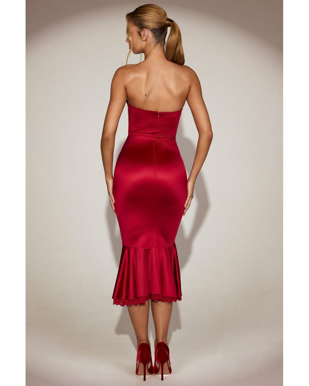 Oh Polly Red Satin Lace-Trim Bandeau Fluted Midaxi Dress