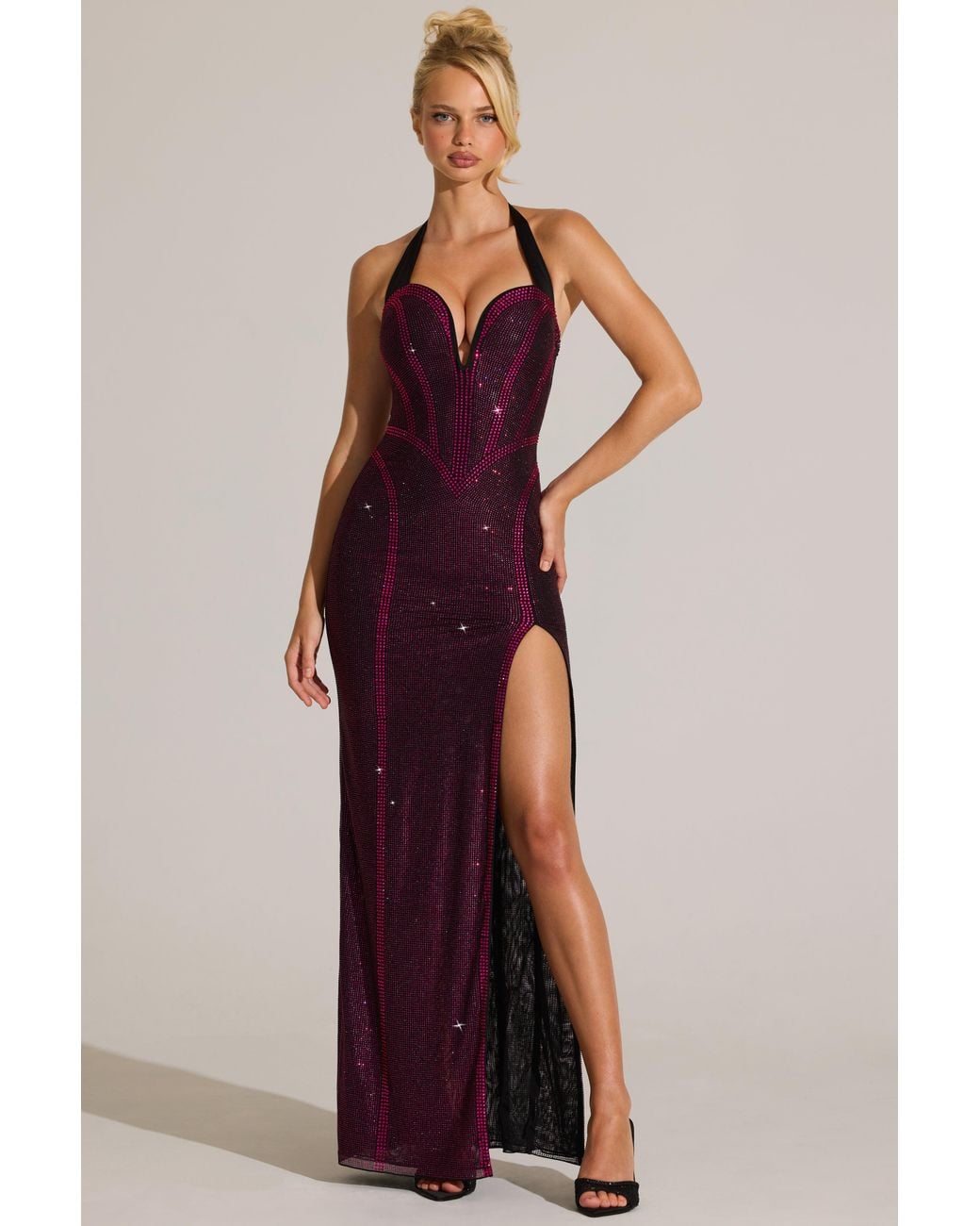 Oh Polly Pink Embellished Halterneck Maxi Dress