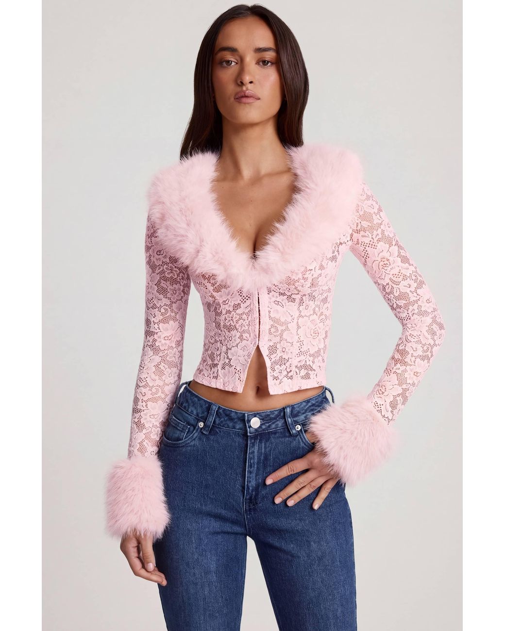 Oh Polly Pink Sheer Lace Faux-Fur-Trim Cardigan
