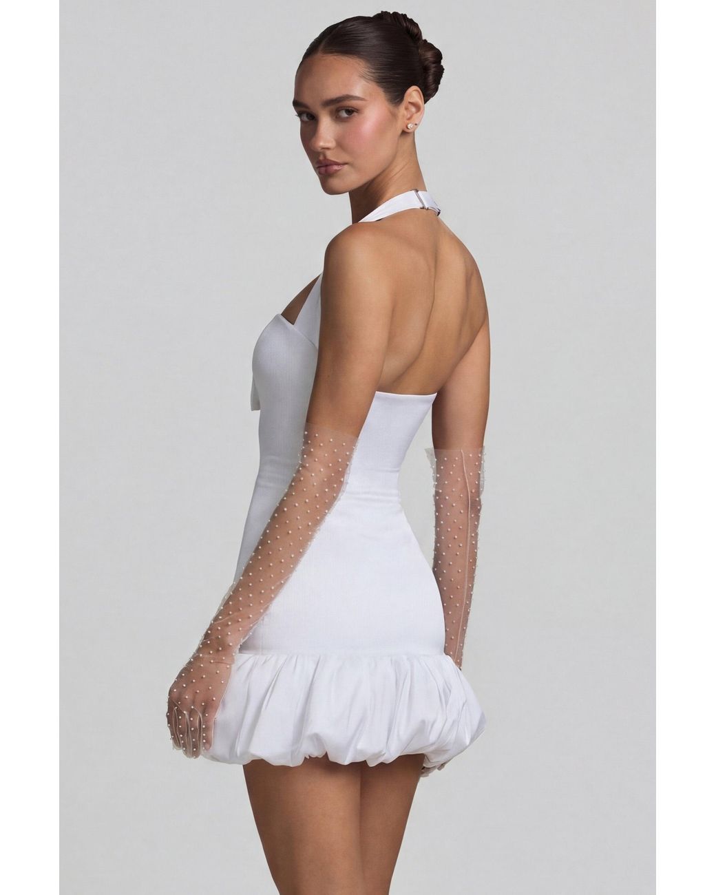 Oh Polly White Bow-Detail Halterneck Bubble Hem Mini Dress