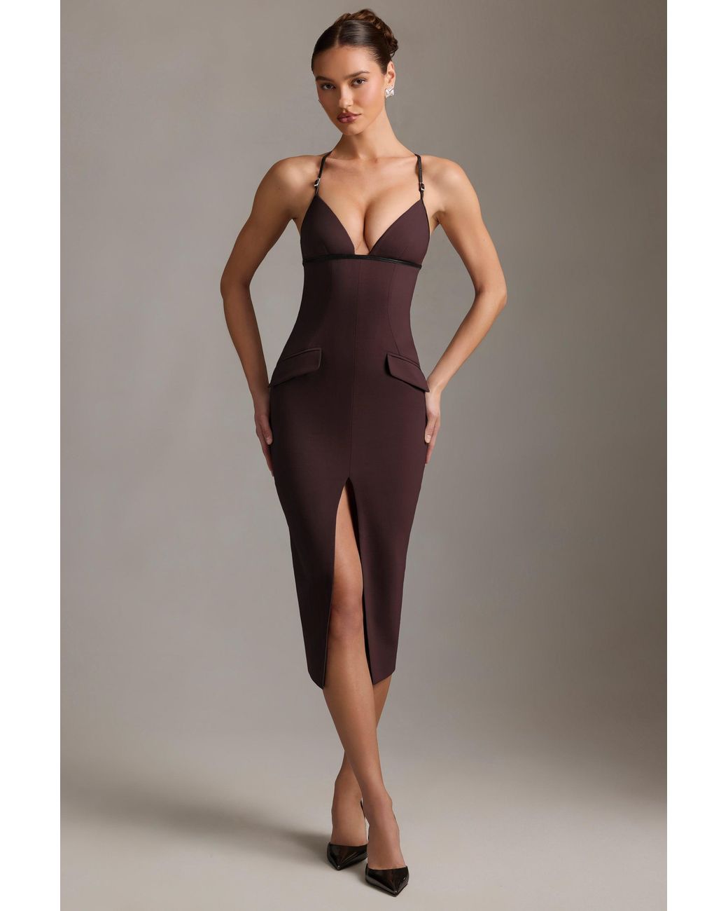 Oh Polly Brown Plunge-Neck Backless Midaxi Dress