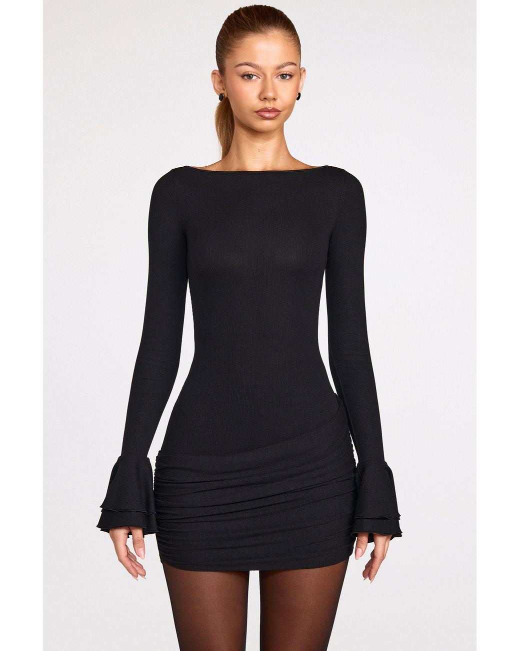 Oh Polly Black Ribbed Modal Long-Sleeve Draped Mini Dress