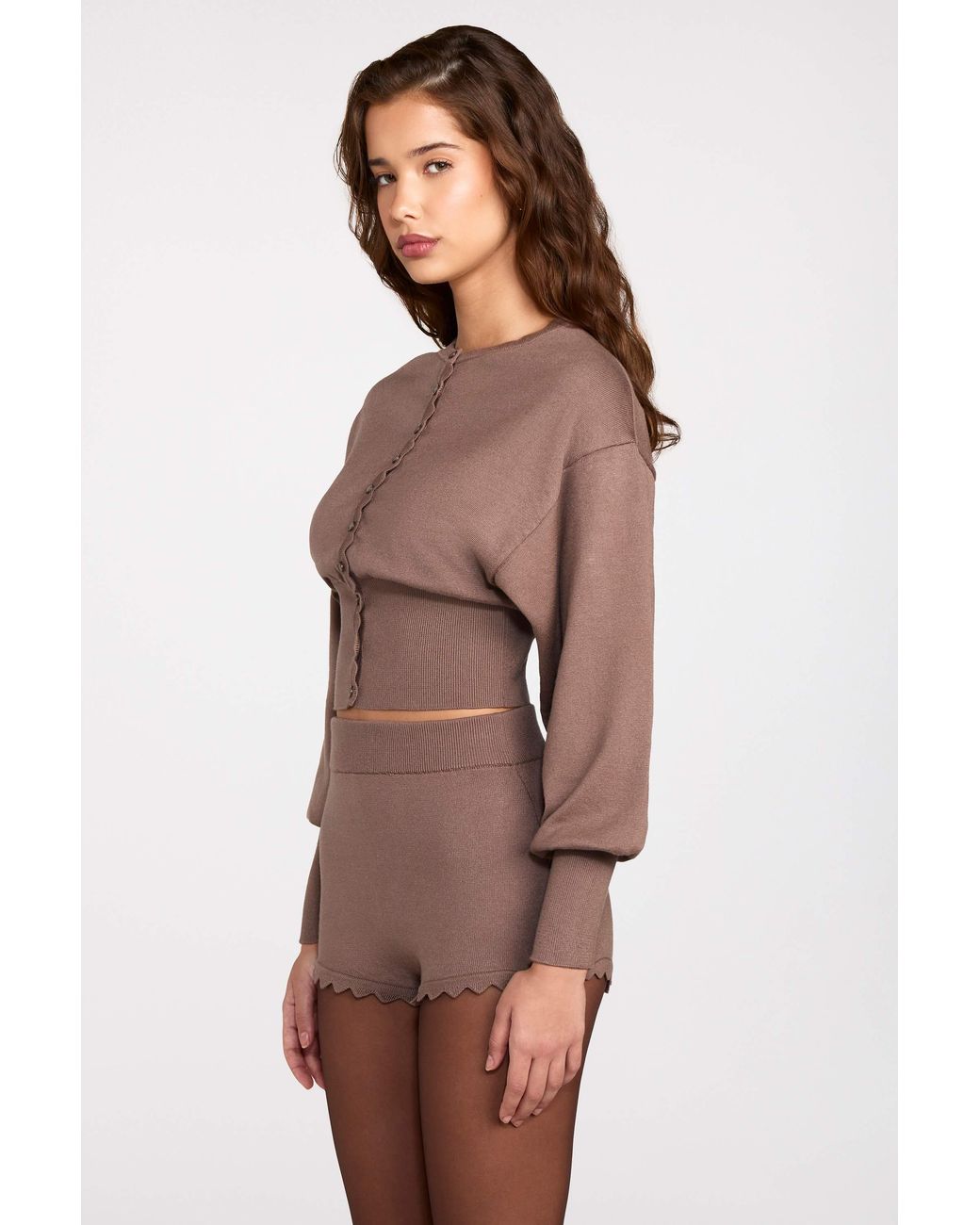 Oh Polly Brown Knit Mid-Rise Mini Shorts